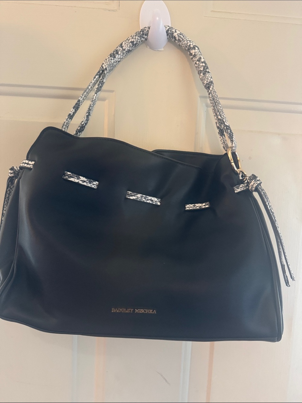 Badgley Mischka Black Shoulder Bag with Snakeskin-Trim Handles